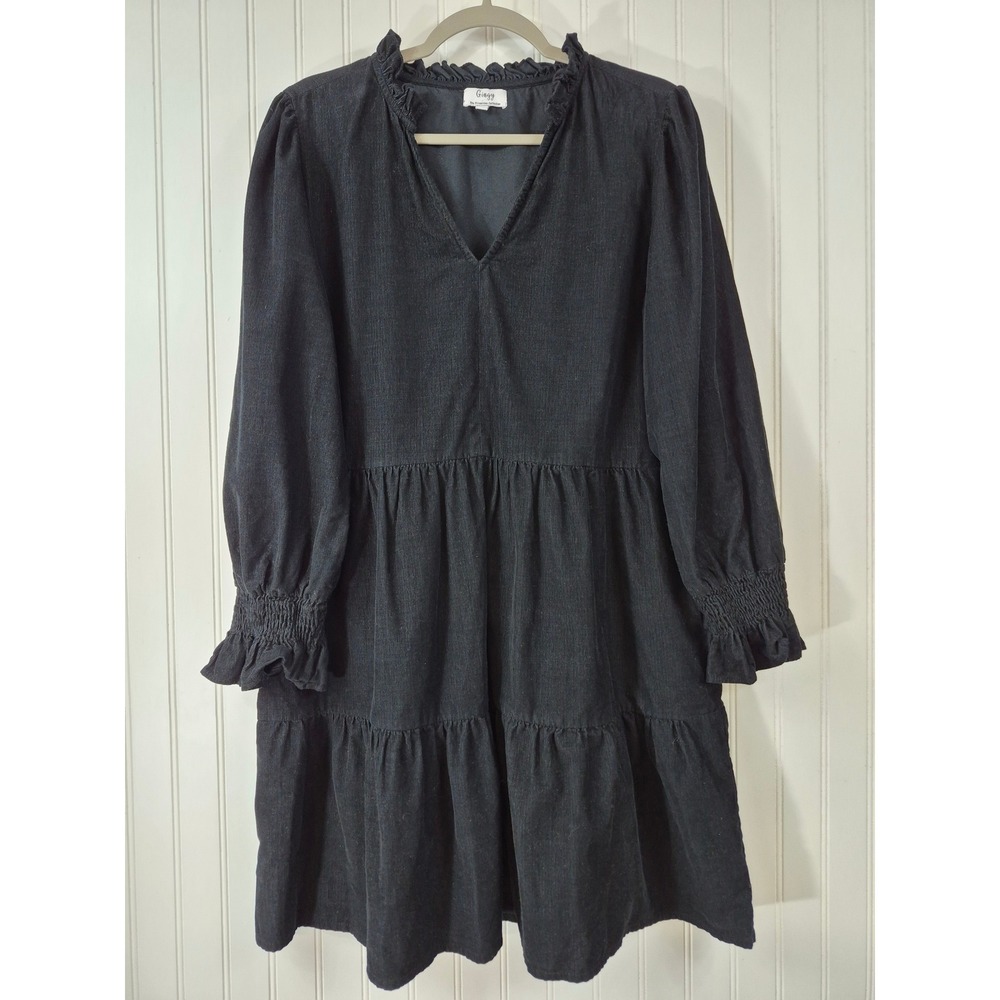 Gingy Womens Black Corduroy Tiered Babydoll Mini Dress Large Pockets Whimsical
